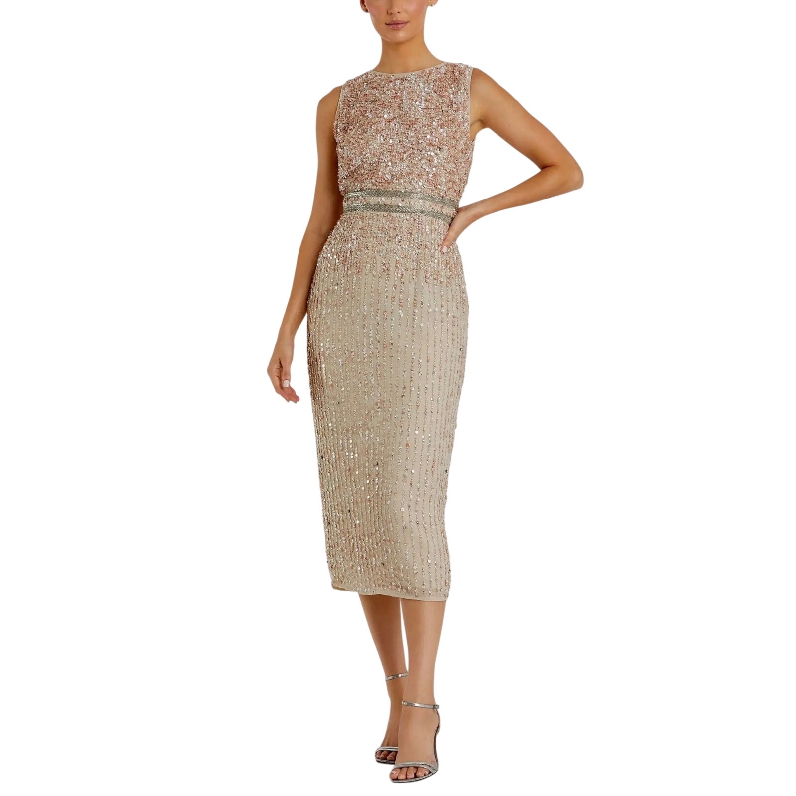 Mac Duggal 70509 Rose Gold Cocktail Dress Sequined Beaded Midi Sheath Size 10
